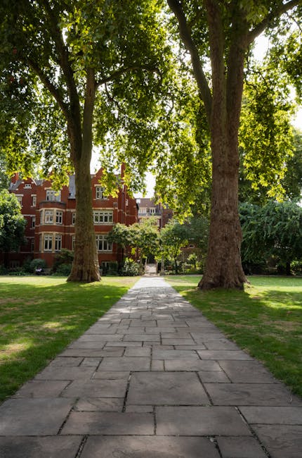 A paved stone pathway runs through a well-maintained grassy garden, flanked by two mature trees with thick trunks and lush green foliage providing partial shade. In the background, neatly trimmed hedg